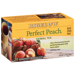 Bigelow Perfect Peach tea bags in foil packets preserve peak freshness.