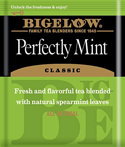 Store display featuring Bigelow Perfectly Mint among other tea varieties.
