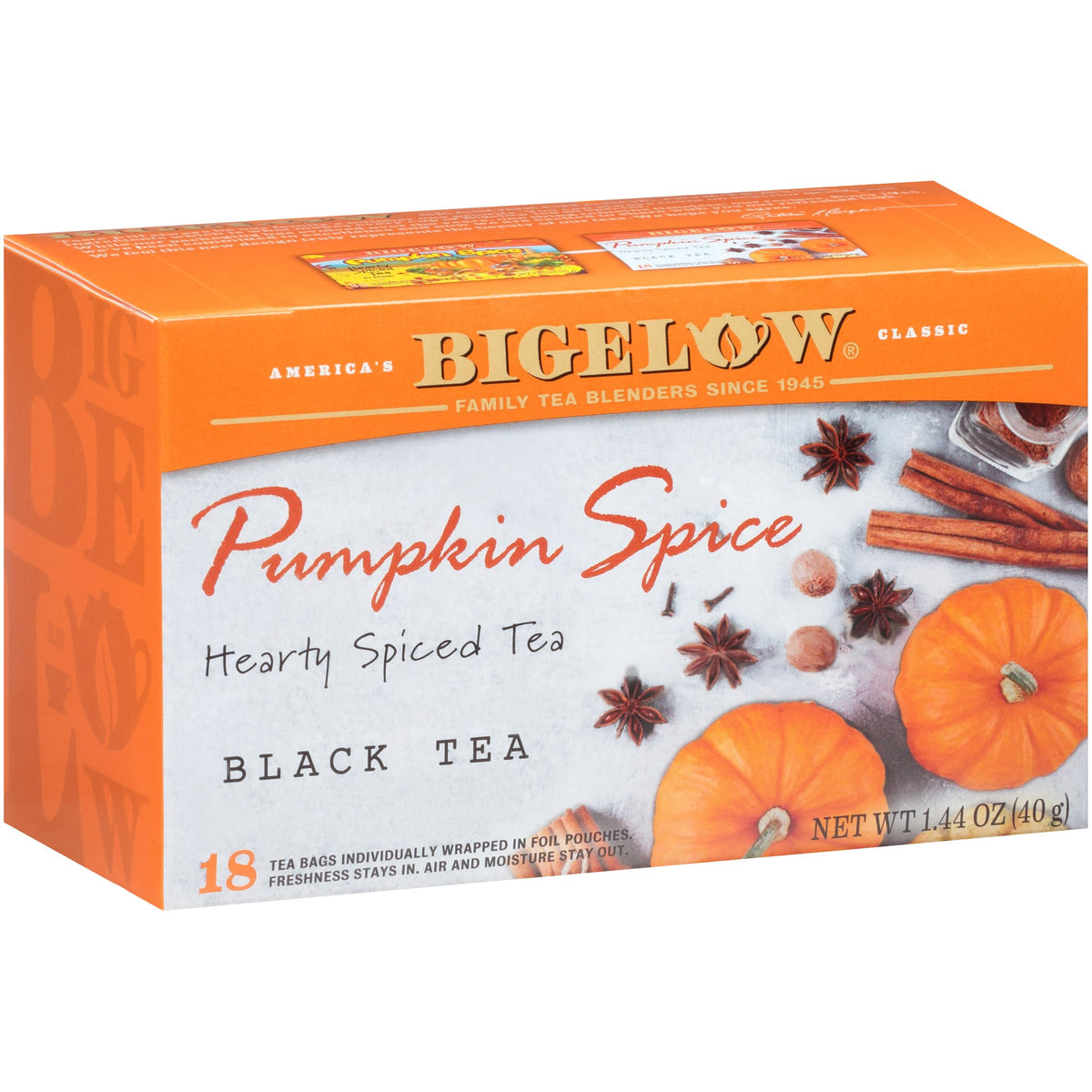Bigelow Pumpkin Spice Black Tea box with festive packaging and pumpkin aroma.
