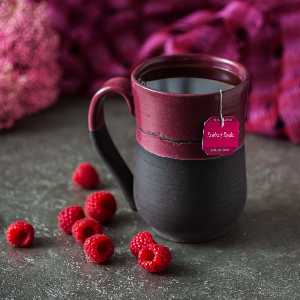Bigelow Raspberry Royale packaging, foil-wrapped tea bags preserve freshness and aroma