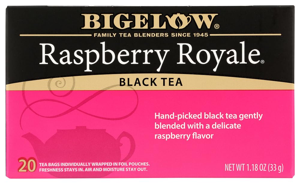 Bigelow Raspberry Royale tea bags in foil pouches preserve freshness for travel.