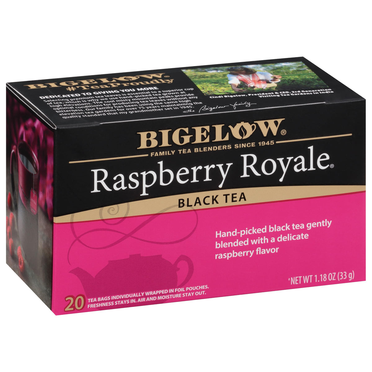 Bigelow Raspberry Royale tea bags in package, inviting fruity black tea flavor