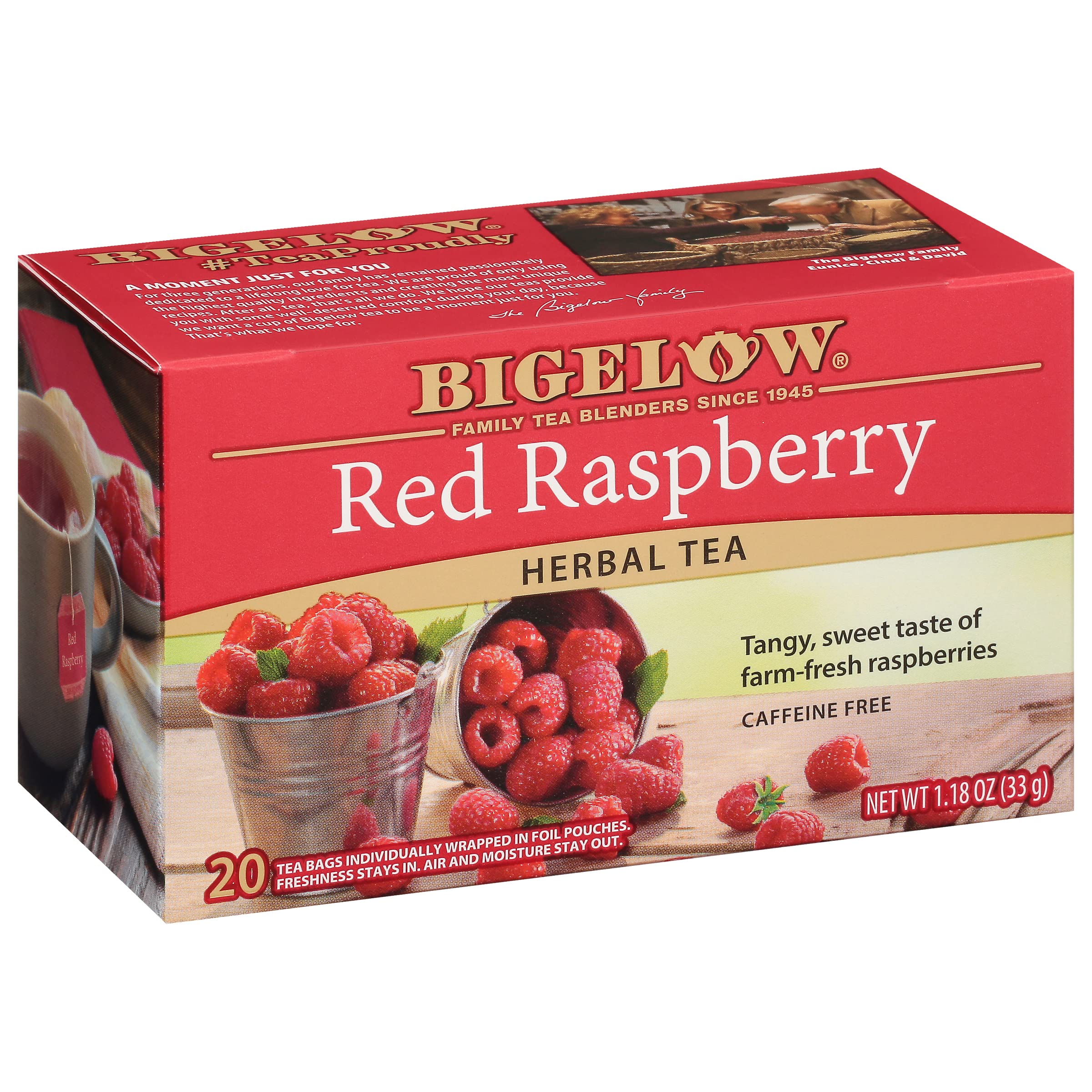 Bigelow Red Raspberry Herbal Tea box highlights ripe berry flavor for a caffeine-free, soothing cup.