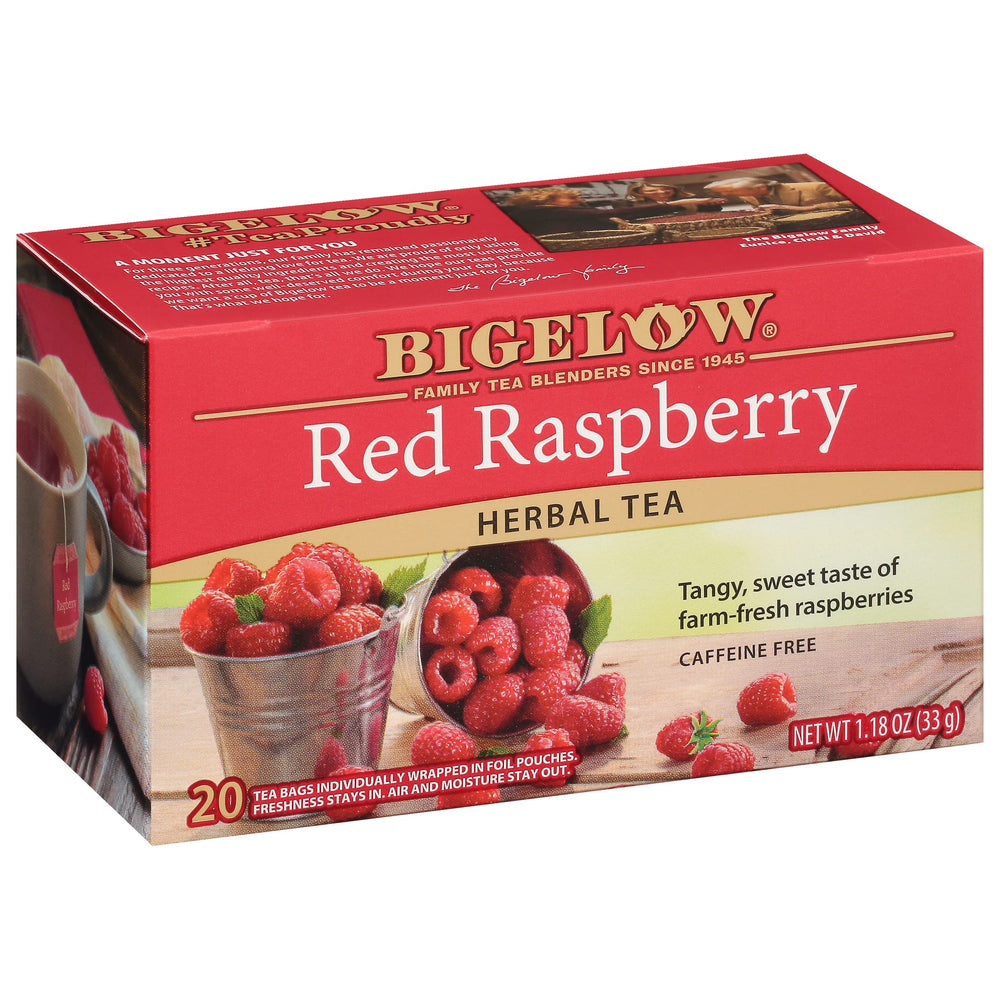 Bigelow Red Raspberry Herbal Tea box highlights ripe berry flavor for a caffeine-free, soothing cup.