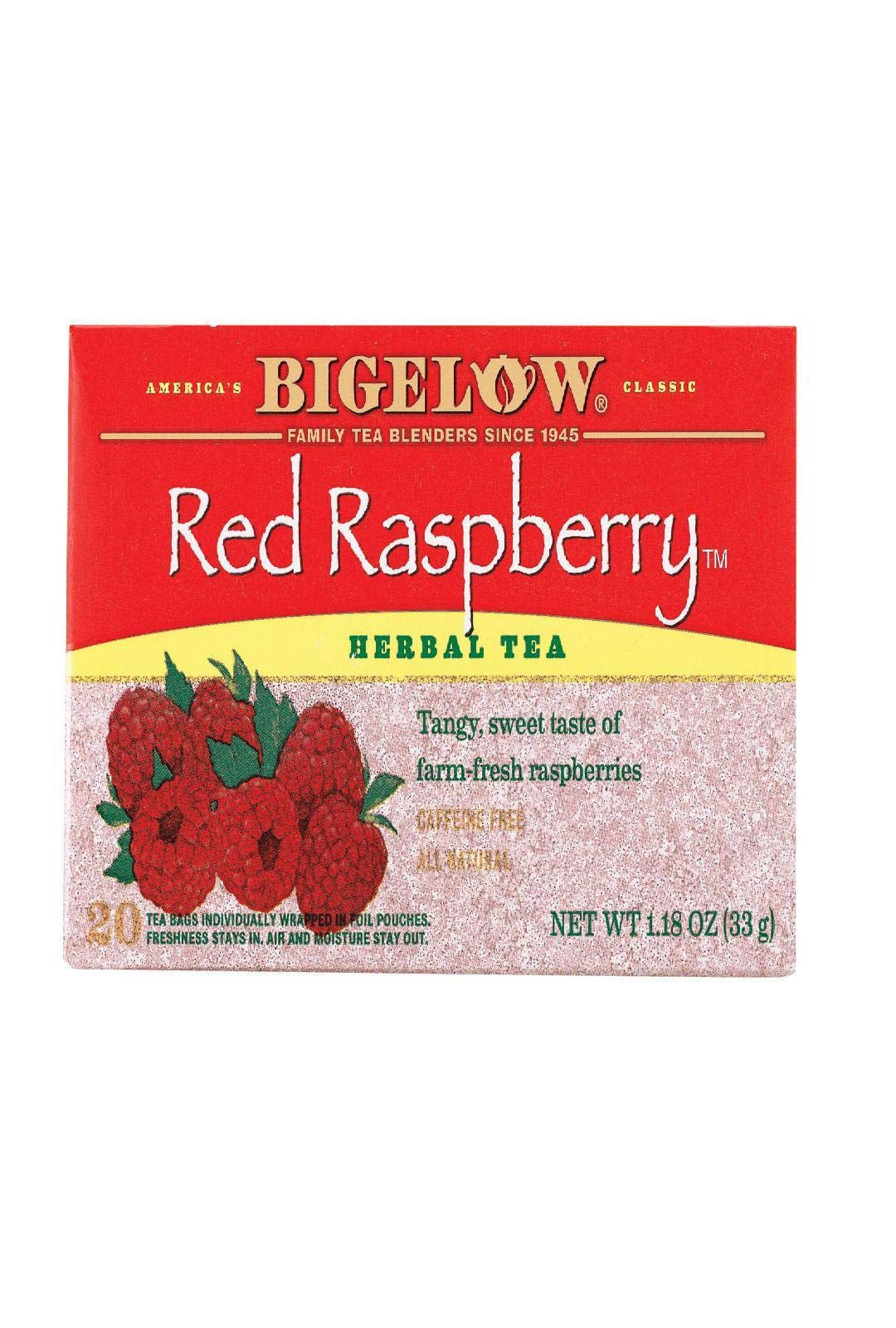 Bigelow Red Raspberry Tea tea bag, caffeine-free berry-forward flavor ready to brew.