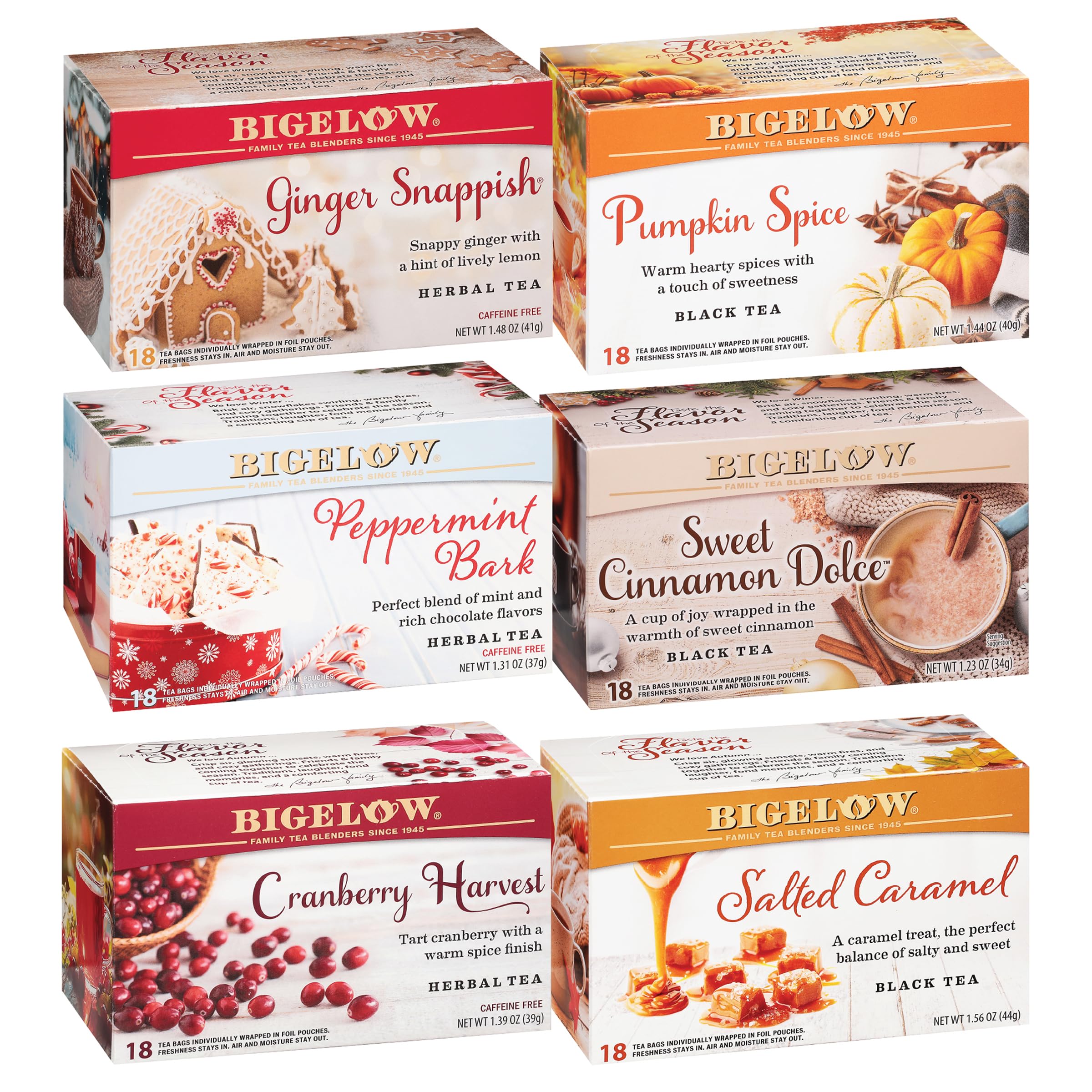 Bigelow seasonal six-flavor variety pack box of holiday teas.
