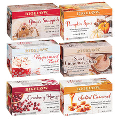 Bigelow seasonal six-flavor variety pack box of holiday teas.