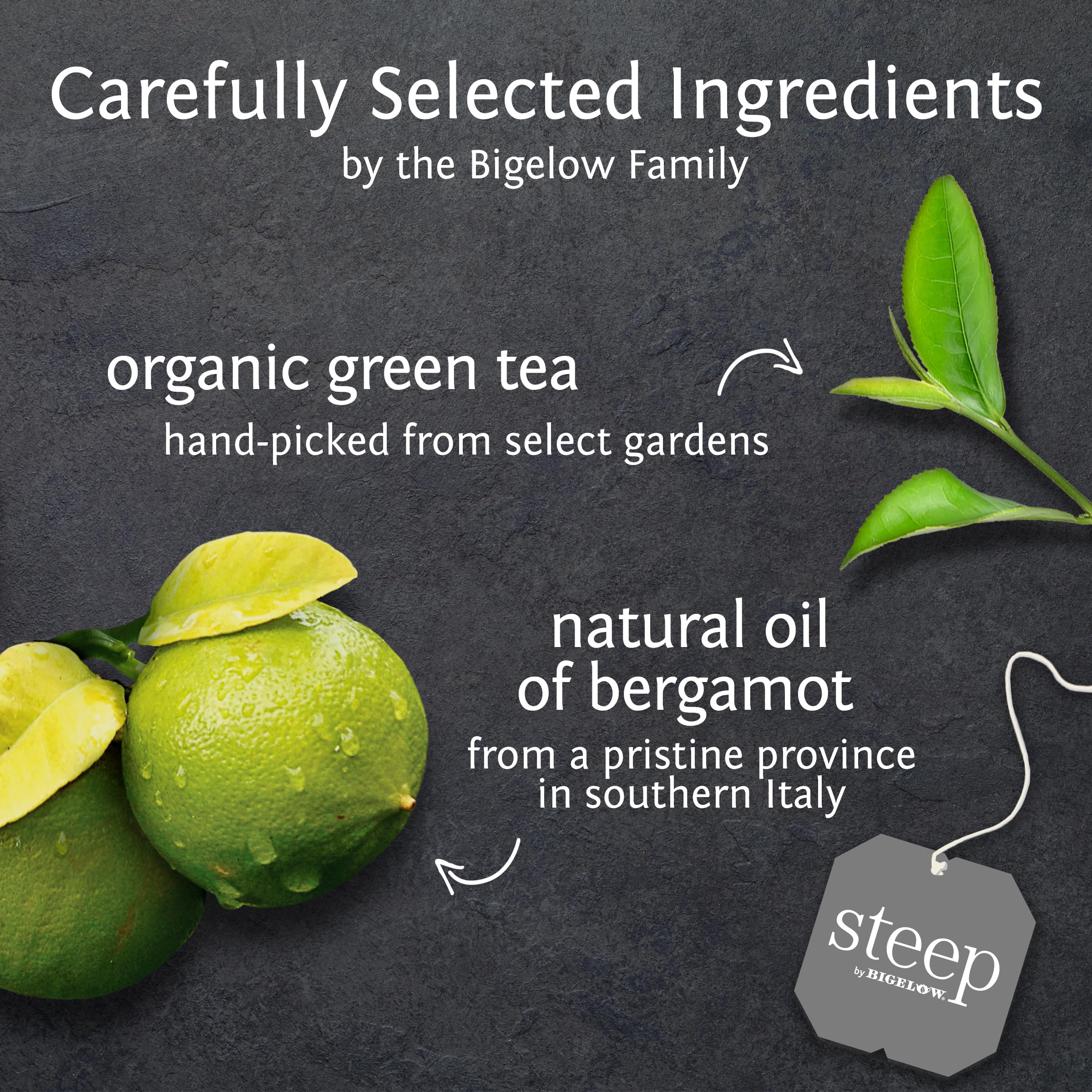 Bigelow Steep by Bigelow Organic Earl Grey tea boxes highlighting freshness and quality.