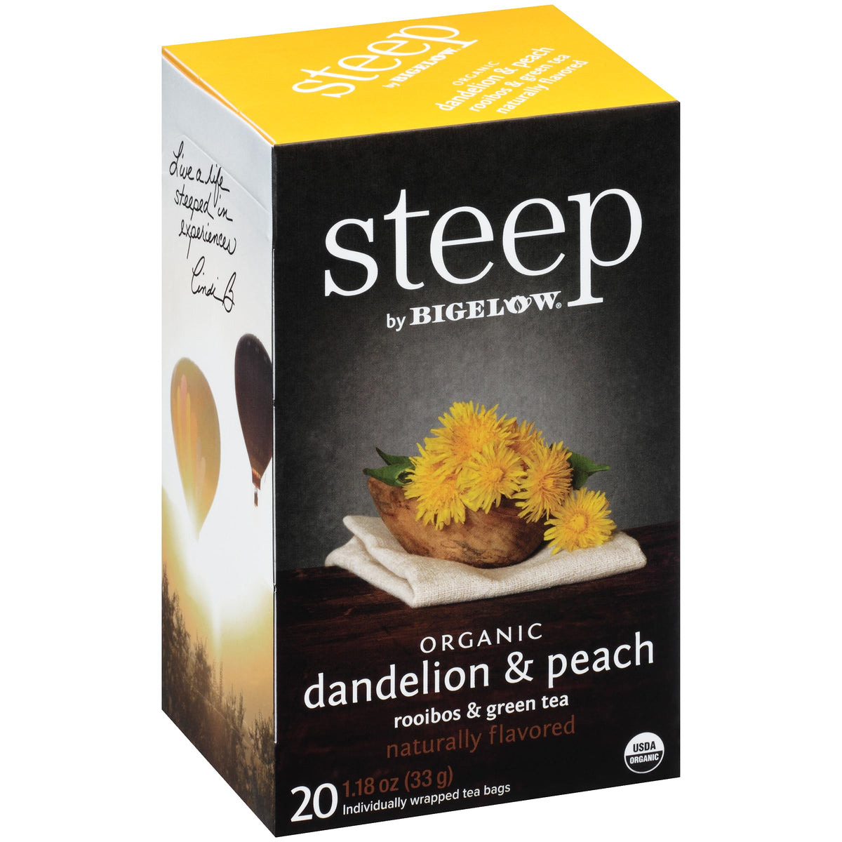 Bigelow Steep with dandelion-peach green tea bags ready for daily sipping.