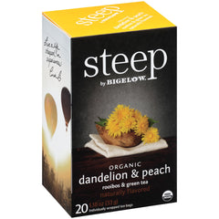 Bigelow Steep with dandelion-peach green tea bags ready for daily sipping.
