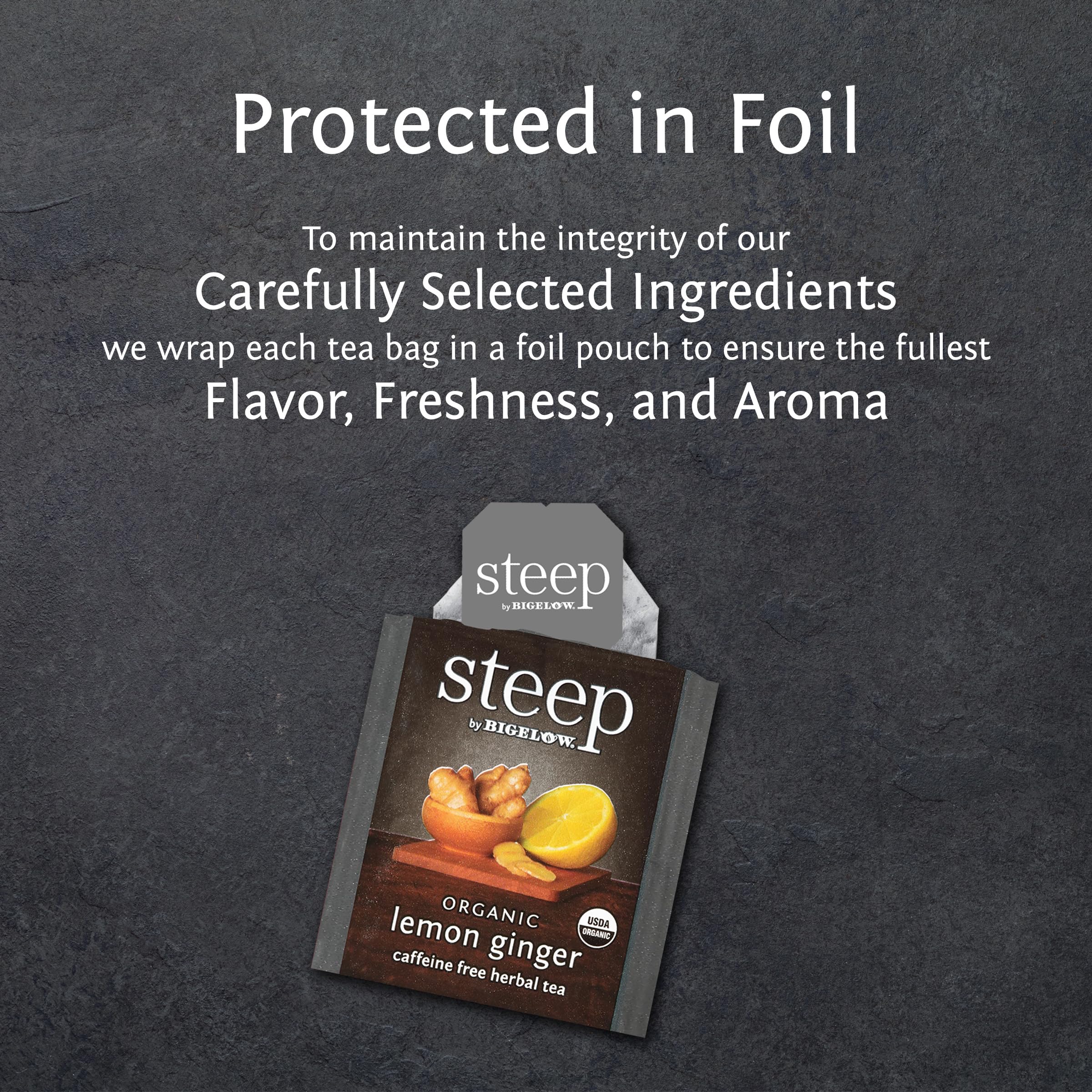 Bigelow Steep Lemon Ginger Tea foil pouch seals flavor for on-the-go brewing