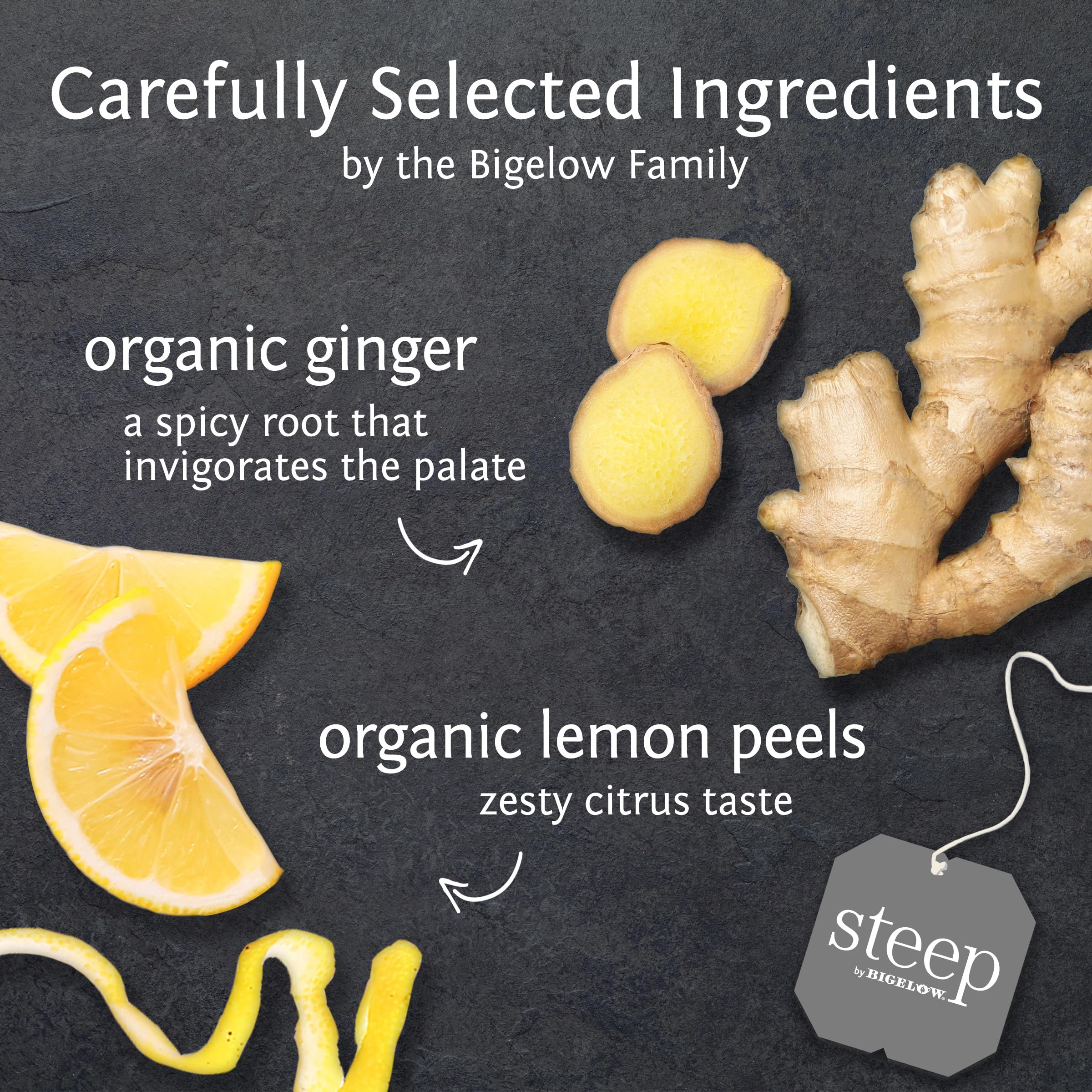 Bigelow Steep Lemon Ginger Tea packaging and foil pouch preserves freshness for travel