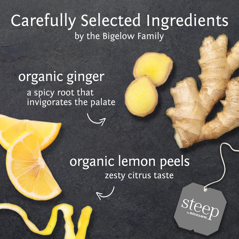 Bigelow Steep Lemon Ginger Tea packaging and foil pouch preserves freshness for travel