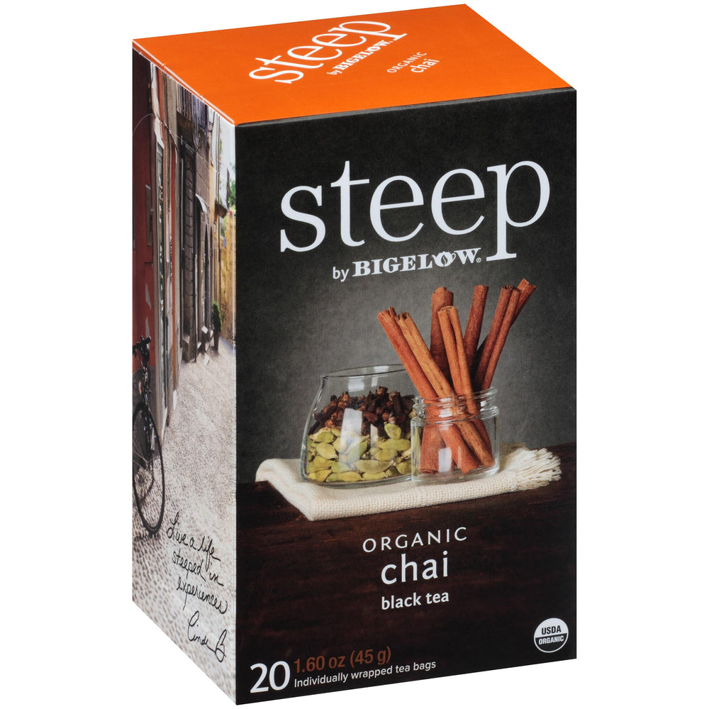 Bigelow Steep Organic Chai Black Tea box front highlighting premium packaging for freshness.