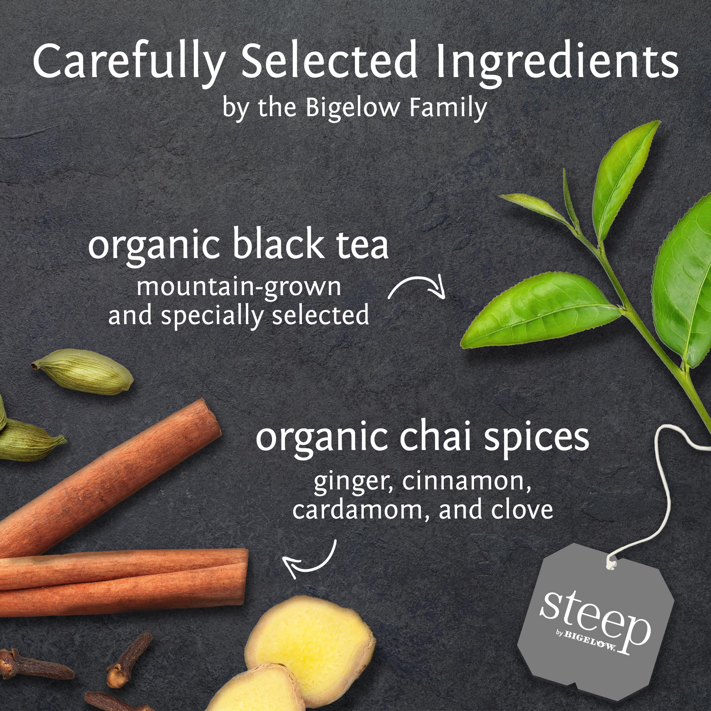 Bigelow Steep Organic Chai Black Tea tea bags ready for travel and on-the-go brewing.