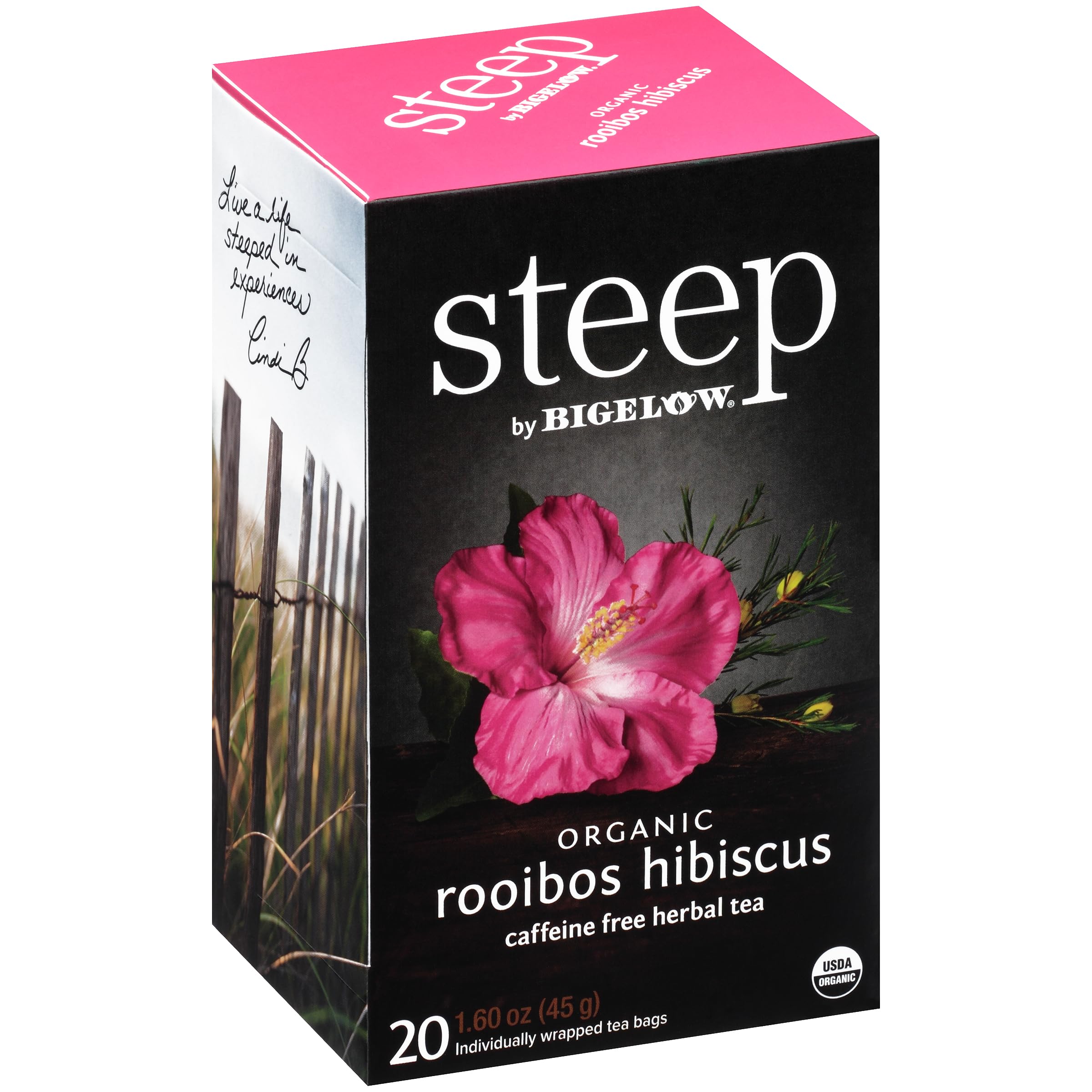 Bigelow Steep Rooibos Hibiscus tea box showing organic blend for a caffeine-free ritual.