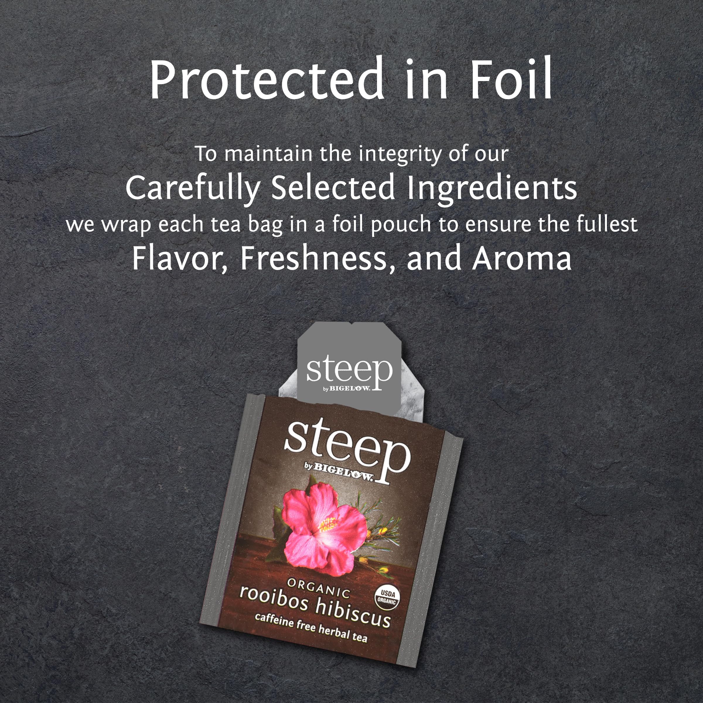 Brewing a cup of Bigelow Rooibos Hibiscus tea with citrus notes in a warm cup.