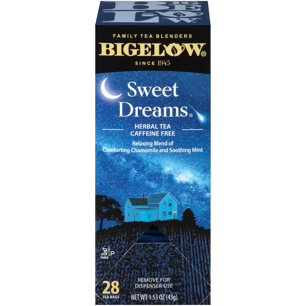 Bigelow Sweet Dreams tea bag in foil wrap preserves freshness for night-time use.