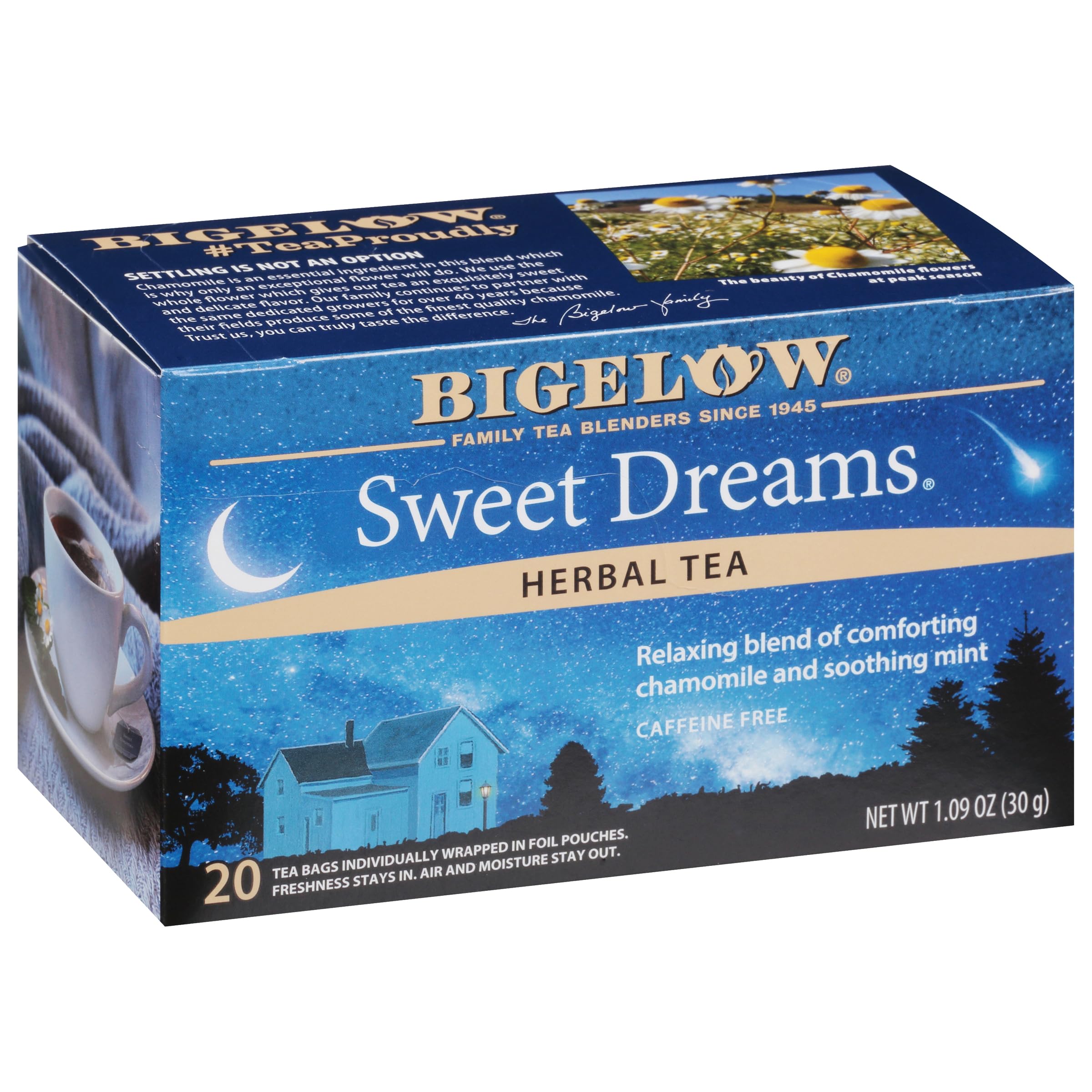 Bigelow Sweet Dreams tea bags pack for calm evenings