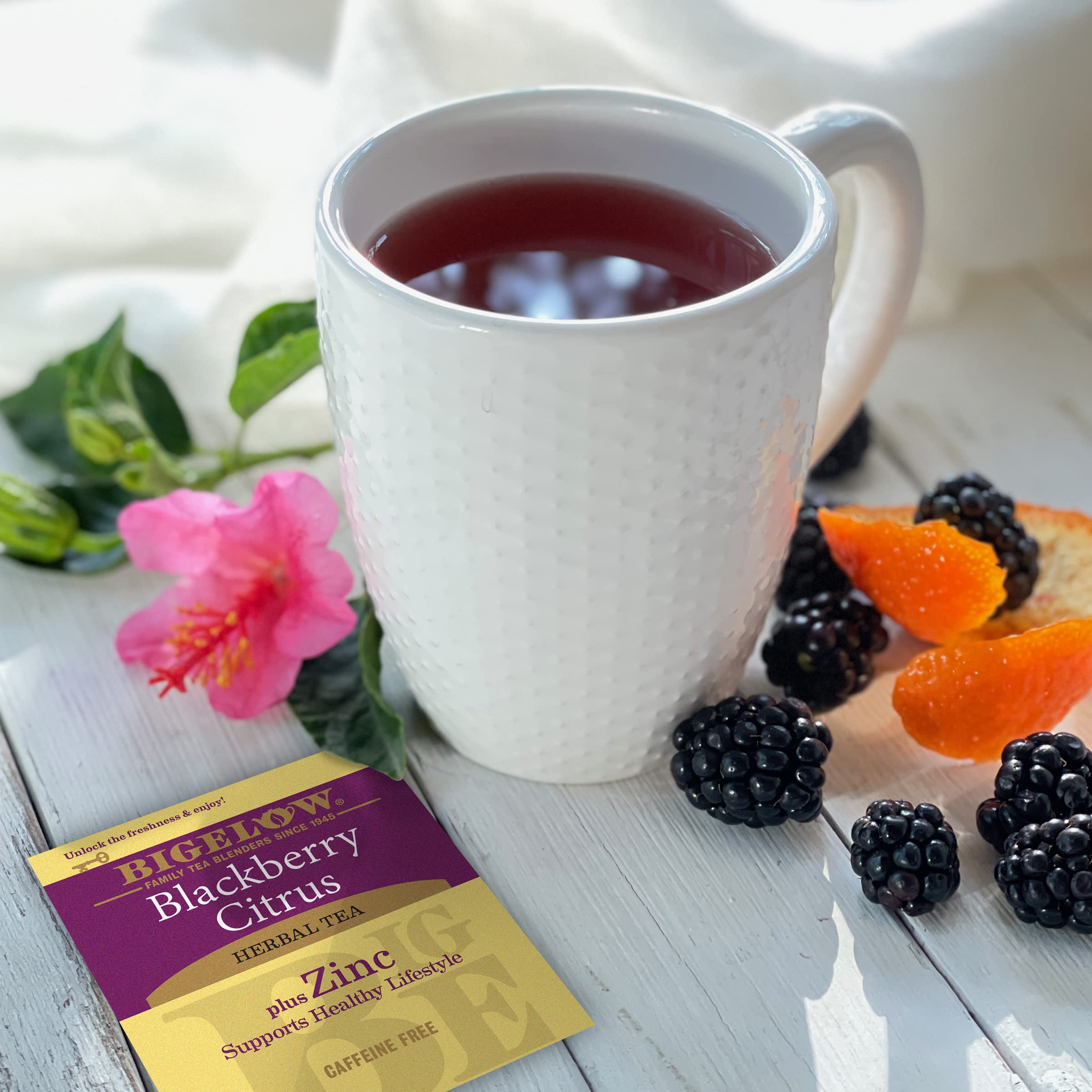 Bigelow Blackberry Citrus Plus Zinc tea bags close-up emphasizing individually wrapped freshness