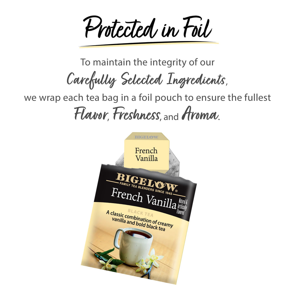 Close-up of foil-wrapped Bigelow vanilla tea bags showing freshness.
