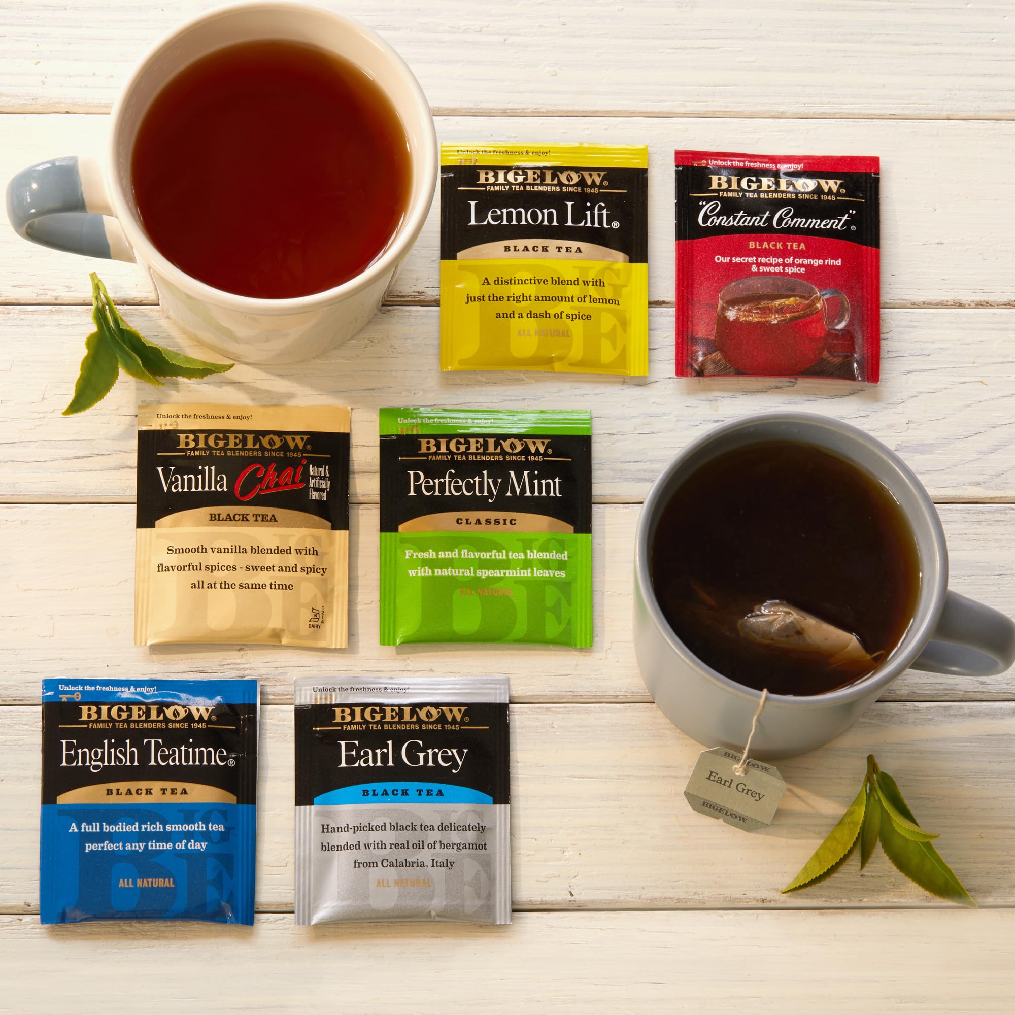 Individually foil-wrapped Bigelow tea bags preserve peak flavor and aroma.