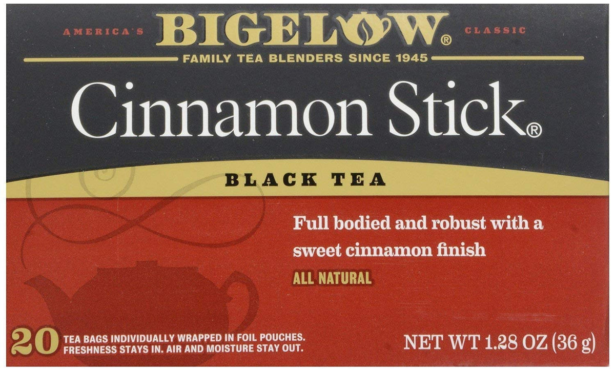Bigelow Tea Black Tea Cinnamon Stick boxes offer warm spice and a smooth, robust flavor for cozy afternoons.