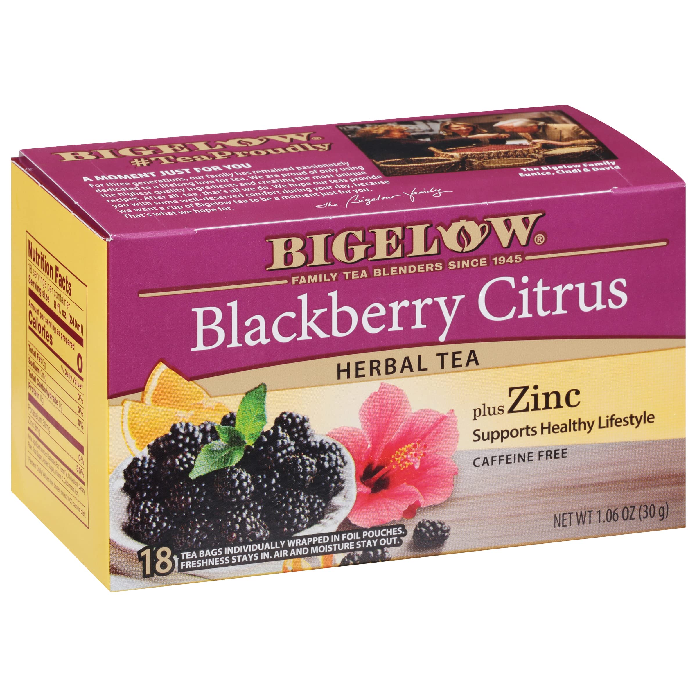 Bigelow Blackberry Citrus Plus Zinc tea box front view highlighting packaging and caffeine-free option