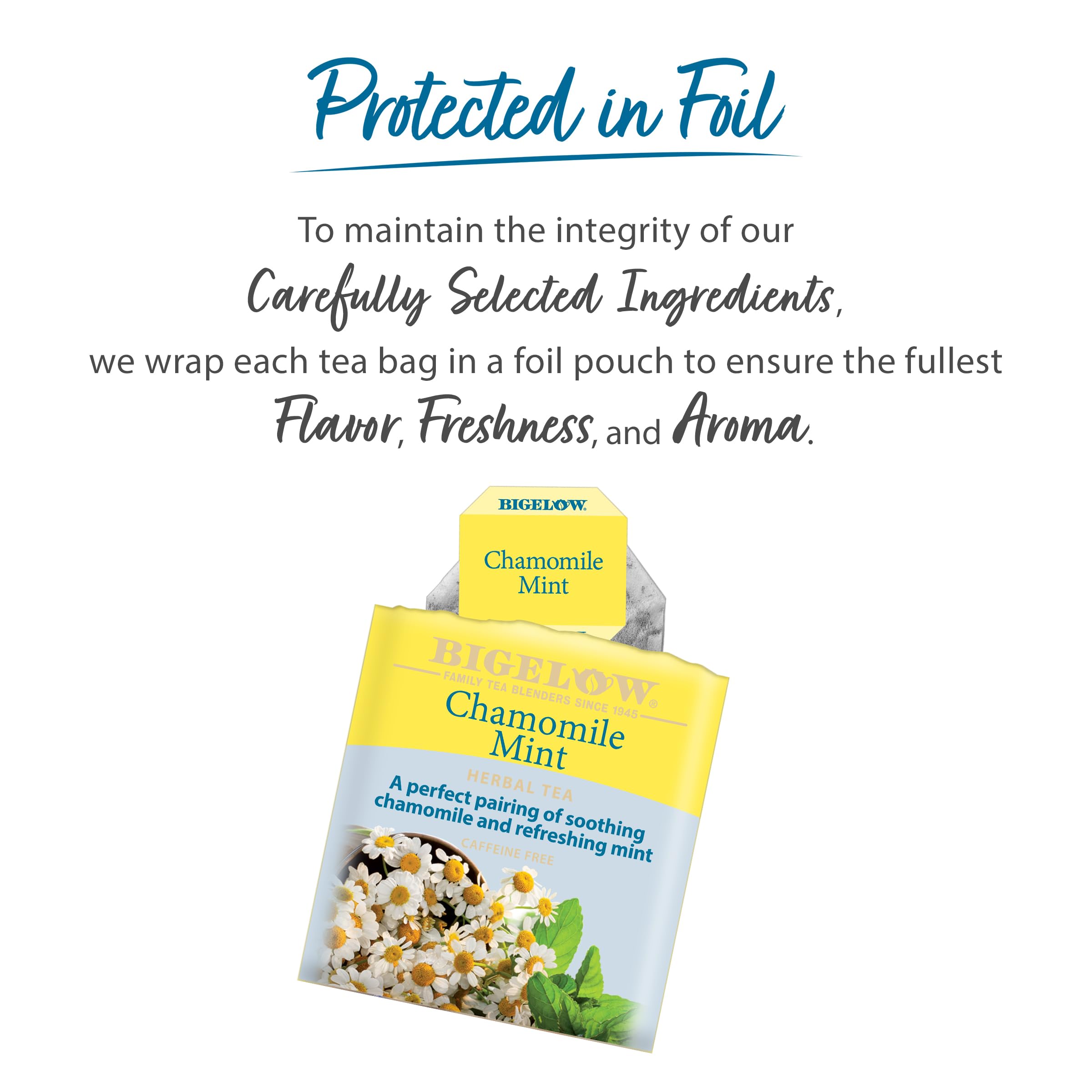 Bigelow Chamomile Mint closeup-tea leaves highlights natural aroma