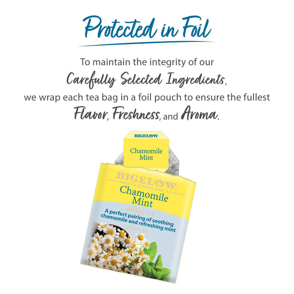 Bigelow Chamomile Mint closeup-tea leaves highlights natural aroma