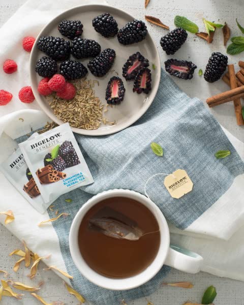 Steaming mug of Bigelow Cinnamon & Black Berry by morning light