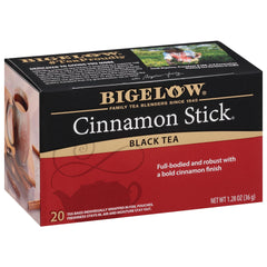 Bigelow Cinnamon Stick Black Tea box showing bold aroma and robust flavor.
