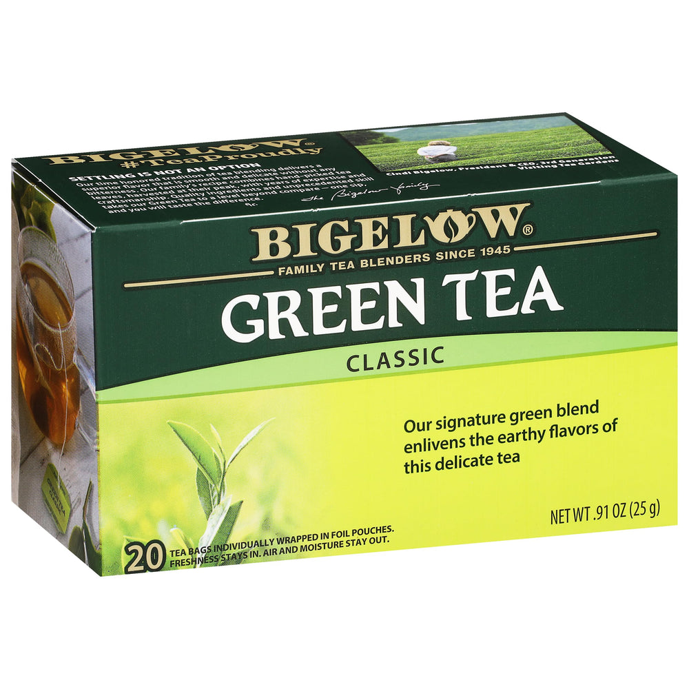 Bigelow Classic Green Tea bags front view, smooth, versatile for hot or iced tea