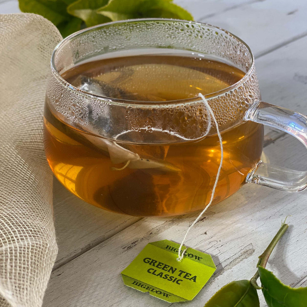 Close-up of Bigelow Classic Green Tea tea bags in foil pouches preserving freshness