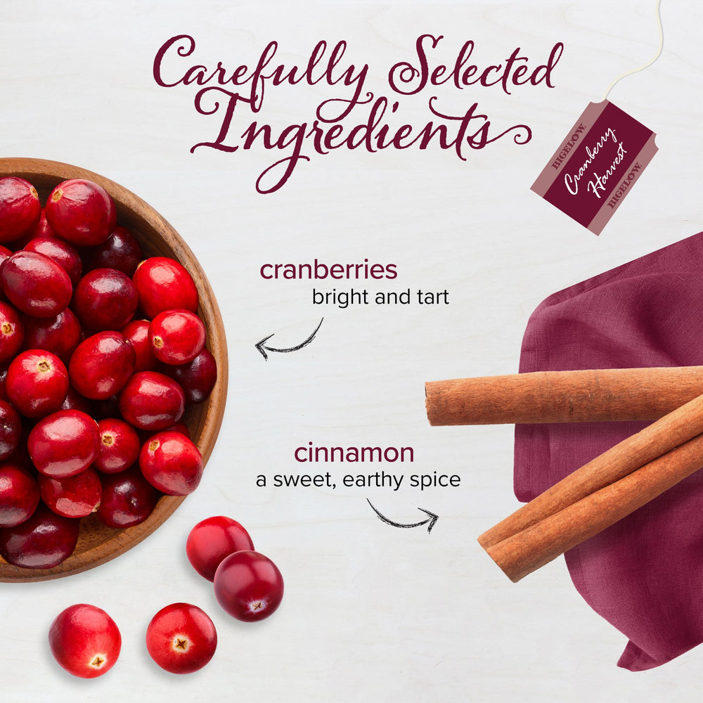 Gluten-free and calorie-free Bigelow Cranberry Harvest packaging on display.