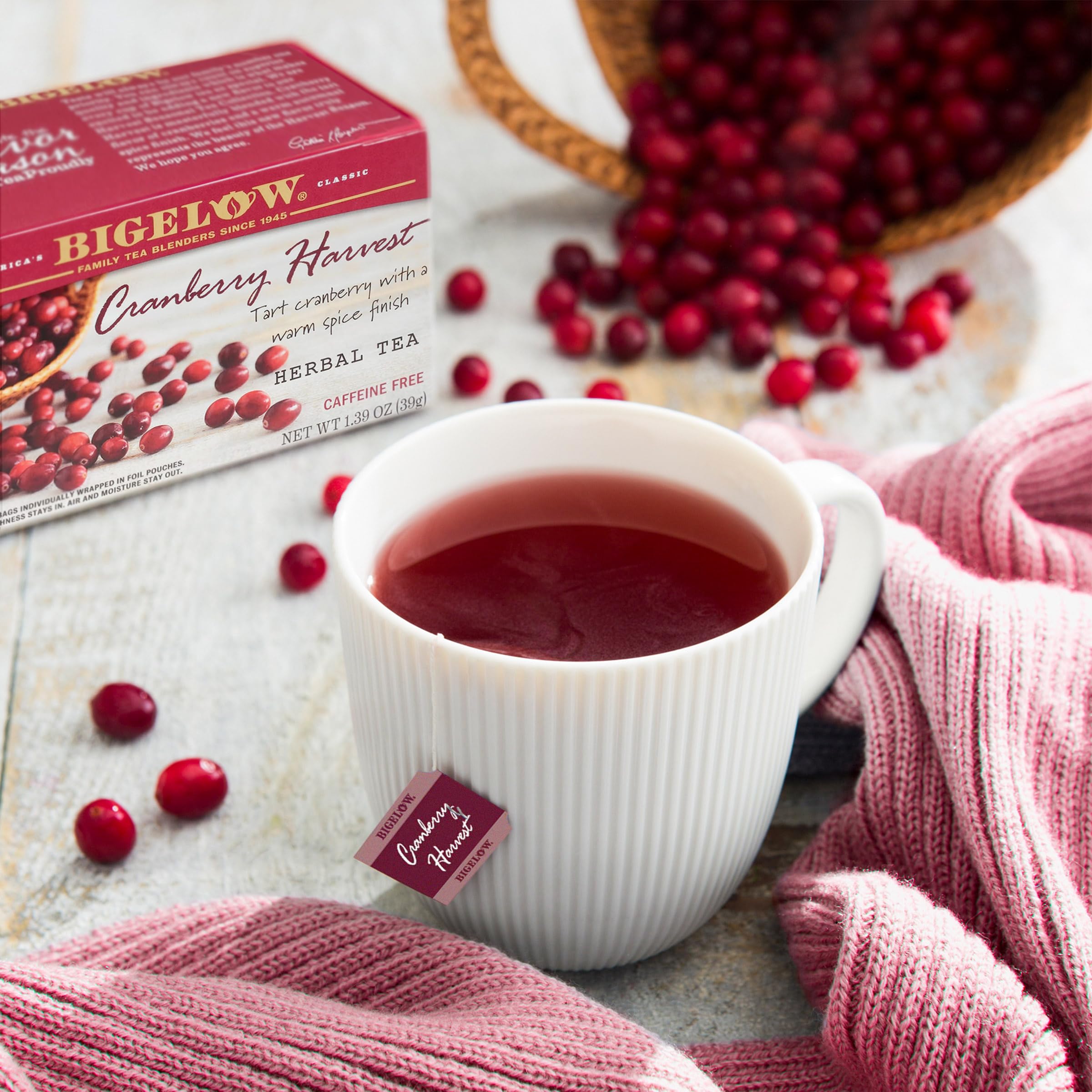 Steam rising from Bigelow Cranberry Harvest tea highlighting spice aroma.
