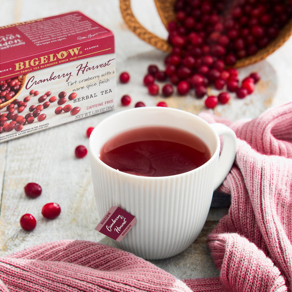 Steam rising from Bigelow Cranberry Harvest tea highlighting spice aroma.