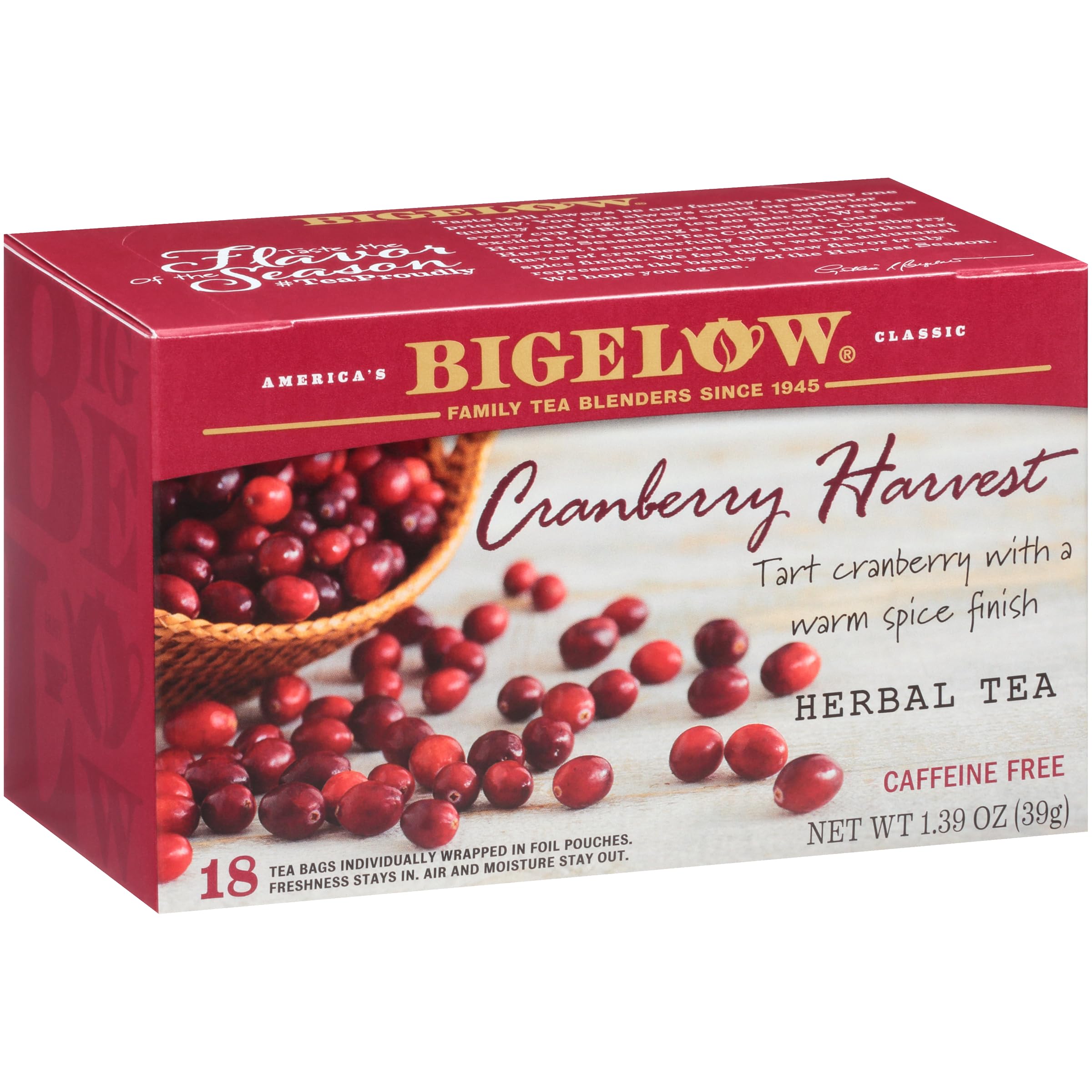 Bigelow Cranberry Harvest tea bags offer tart cranberry and warm spice for a cozy cup.