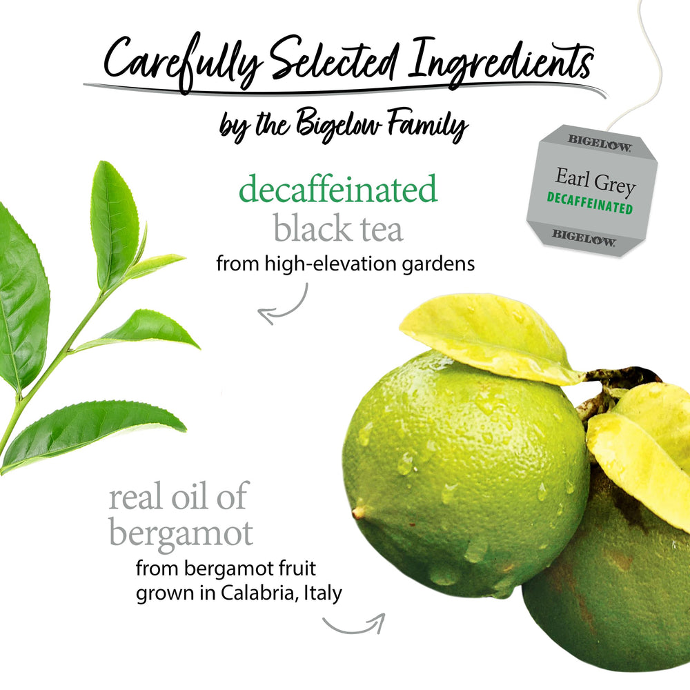 Steaming cup of Bigelow decaf Earl Grey highlighting bergamot aroma.