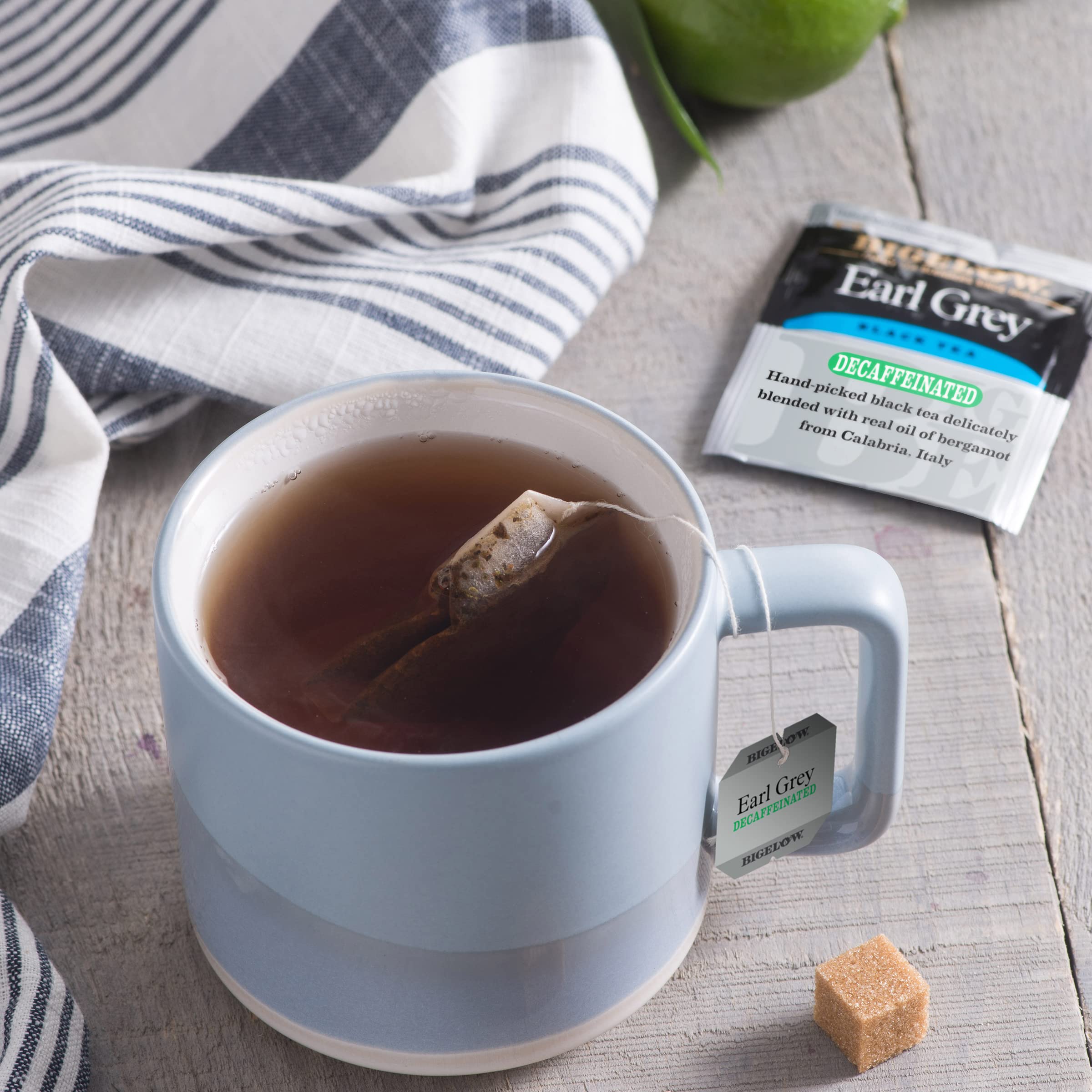 Bigelow Earl Grey decaf box preserving freshness and aroma.