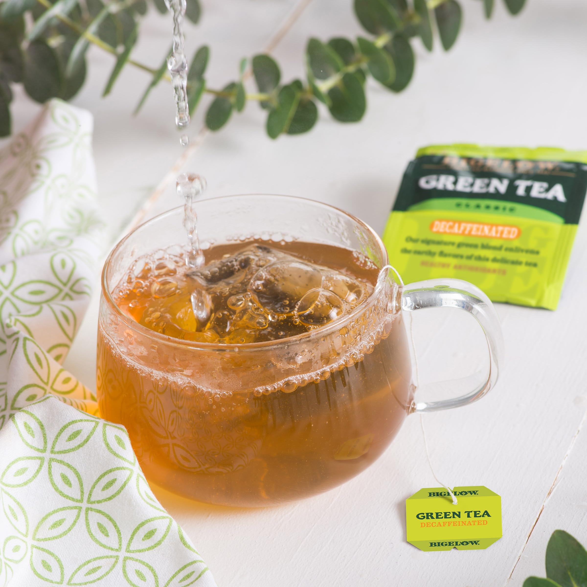Bigelow Decaf Green Tea bags offer caffeine-free evening sipping