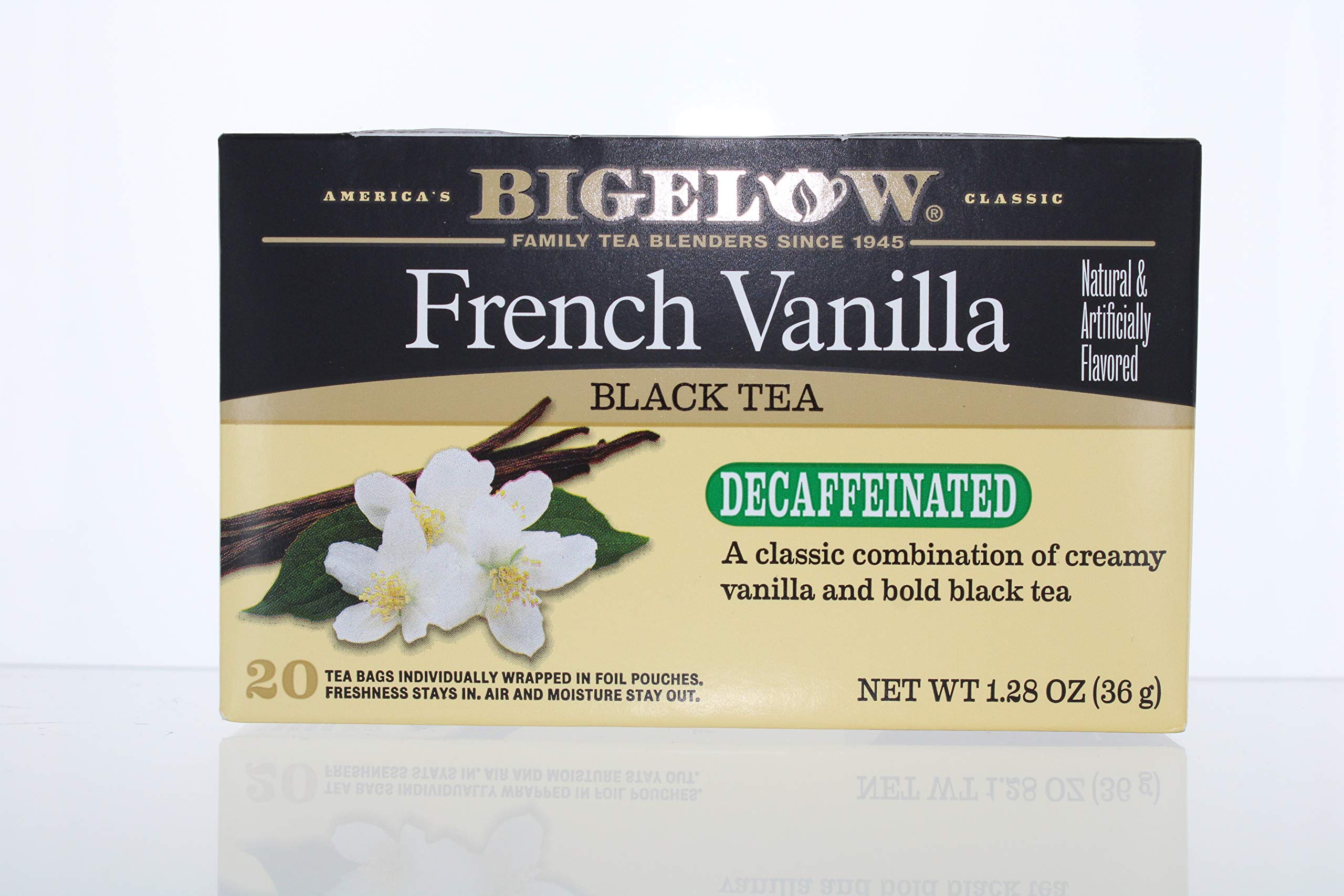 Bigelow Decaffeinated French Vanilla tea bag with warm vanilla aroma