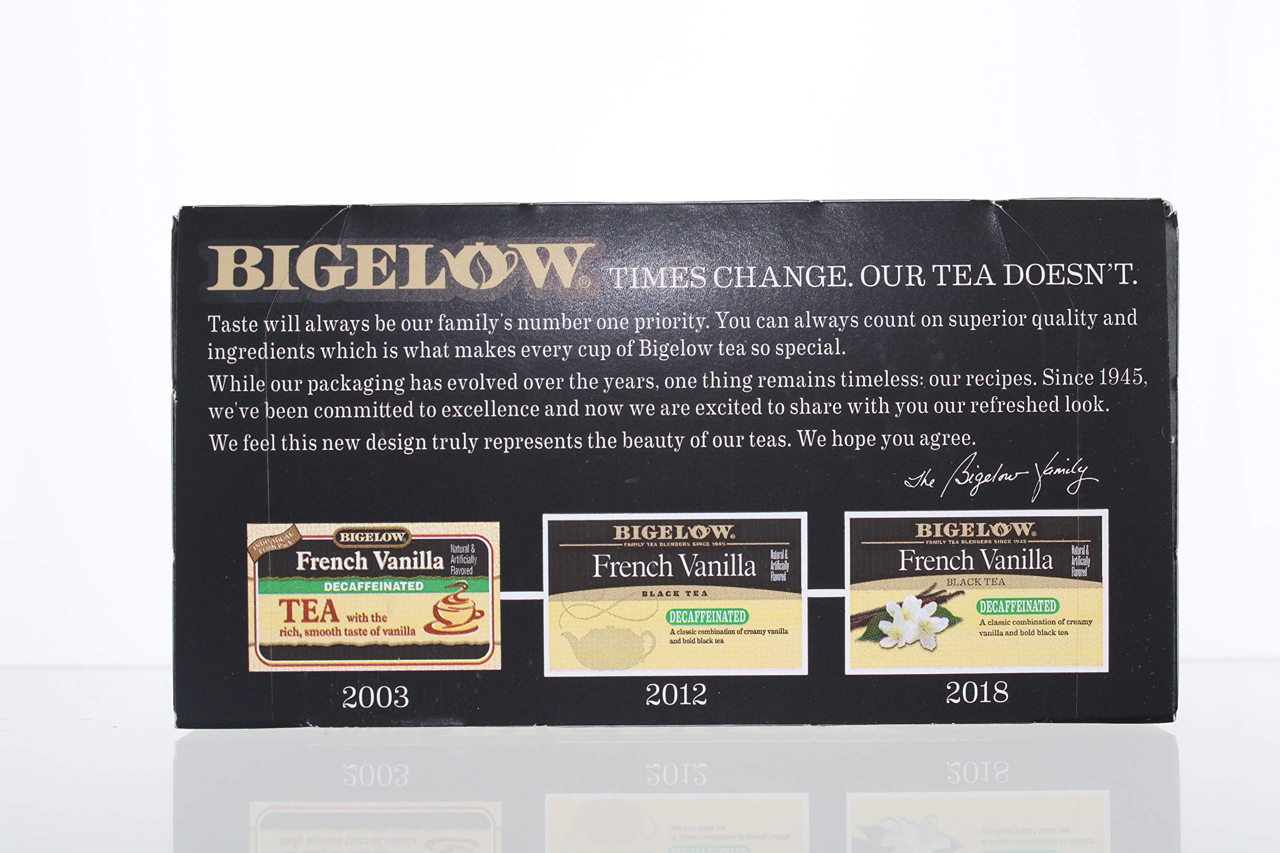 Packaging box of Bigelow French Vanilla decaf tea showing 20-count