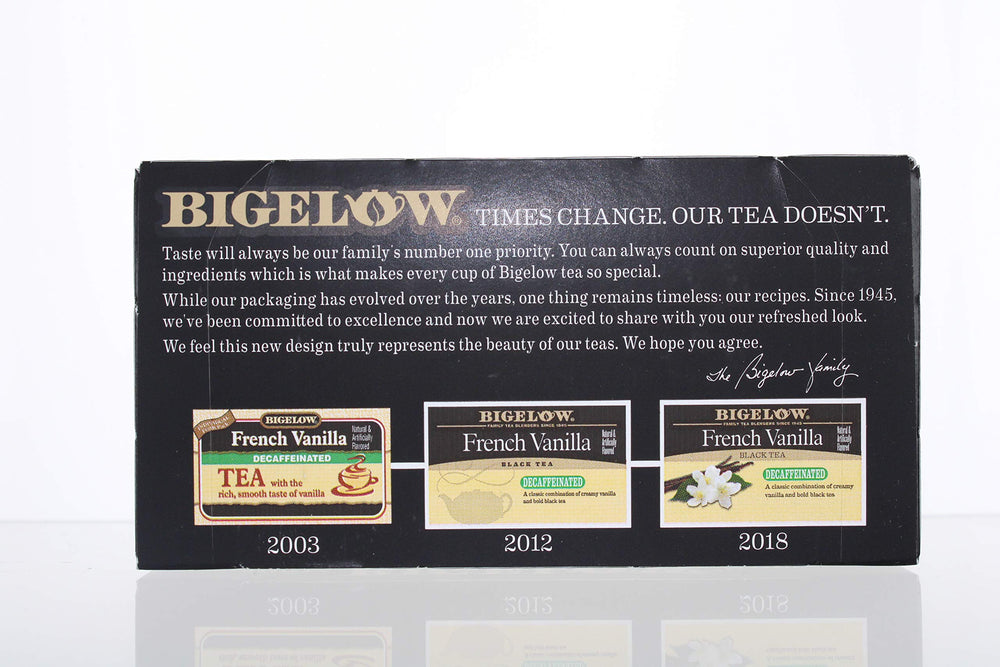 Packaging box of Bigelow French Vanilla decaf tea showing 20-count