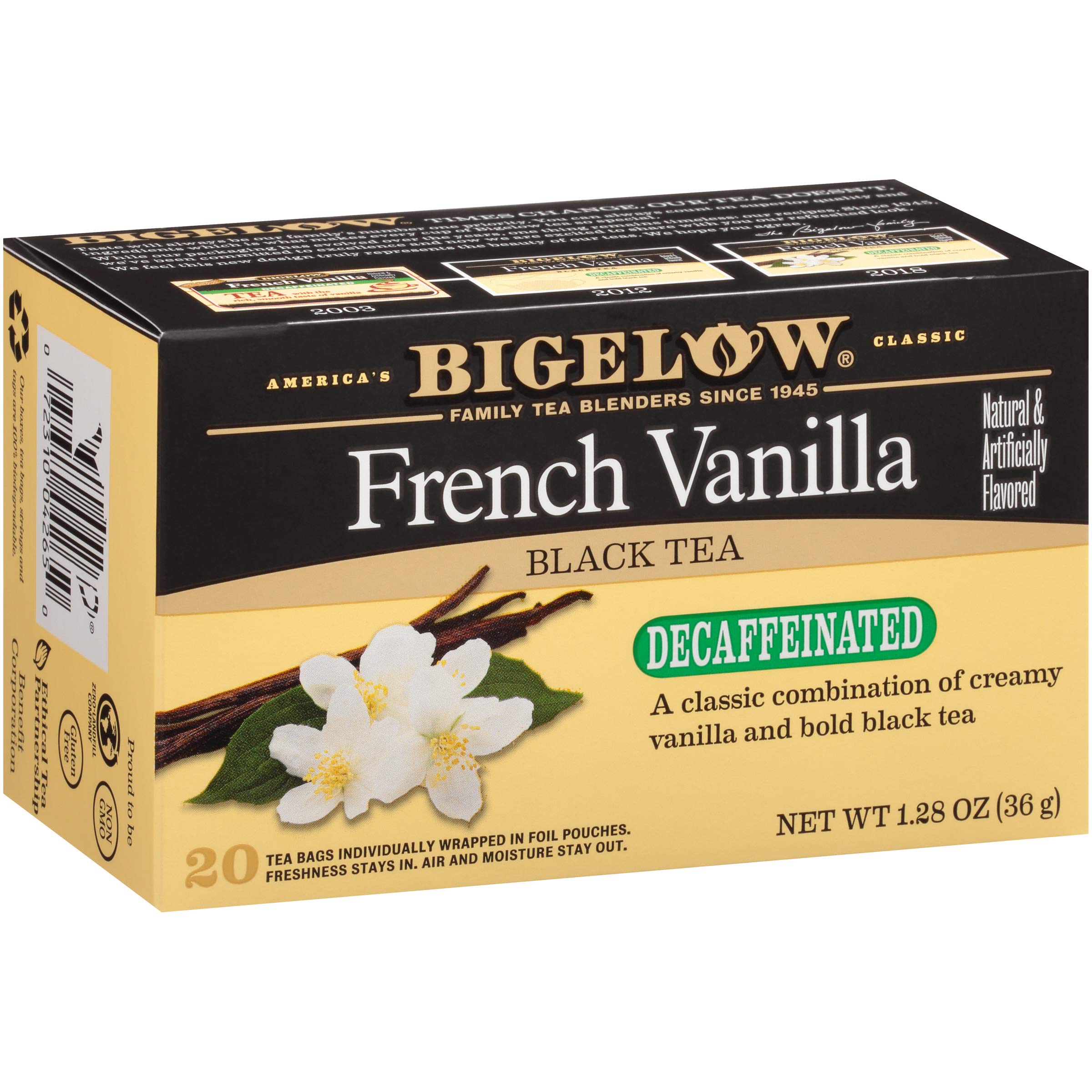 Bigelow Tea decaffeinated French Vanilla tea box with rich aroma.