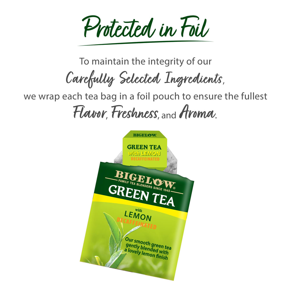Bigelow decaffeinated green tea with lemon packaging details highlighting freshness.