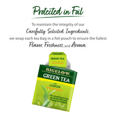 Bigelow decaffeinated green tea with lemon packaging details highlighting freshness.