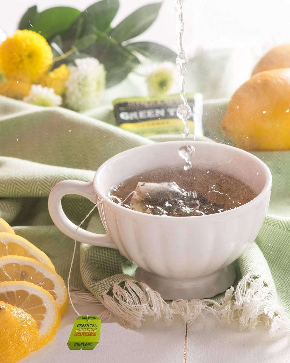 Bigelow decaf green tea with lemon tea bags preserving fresh flavor on the go.