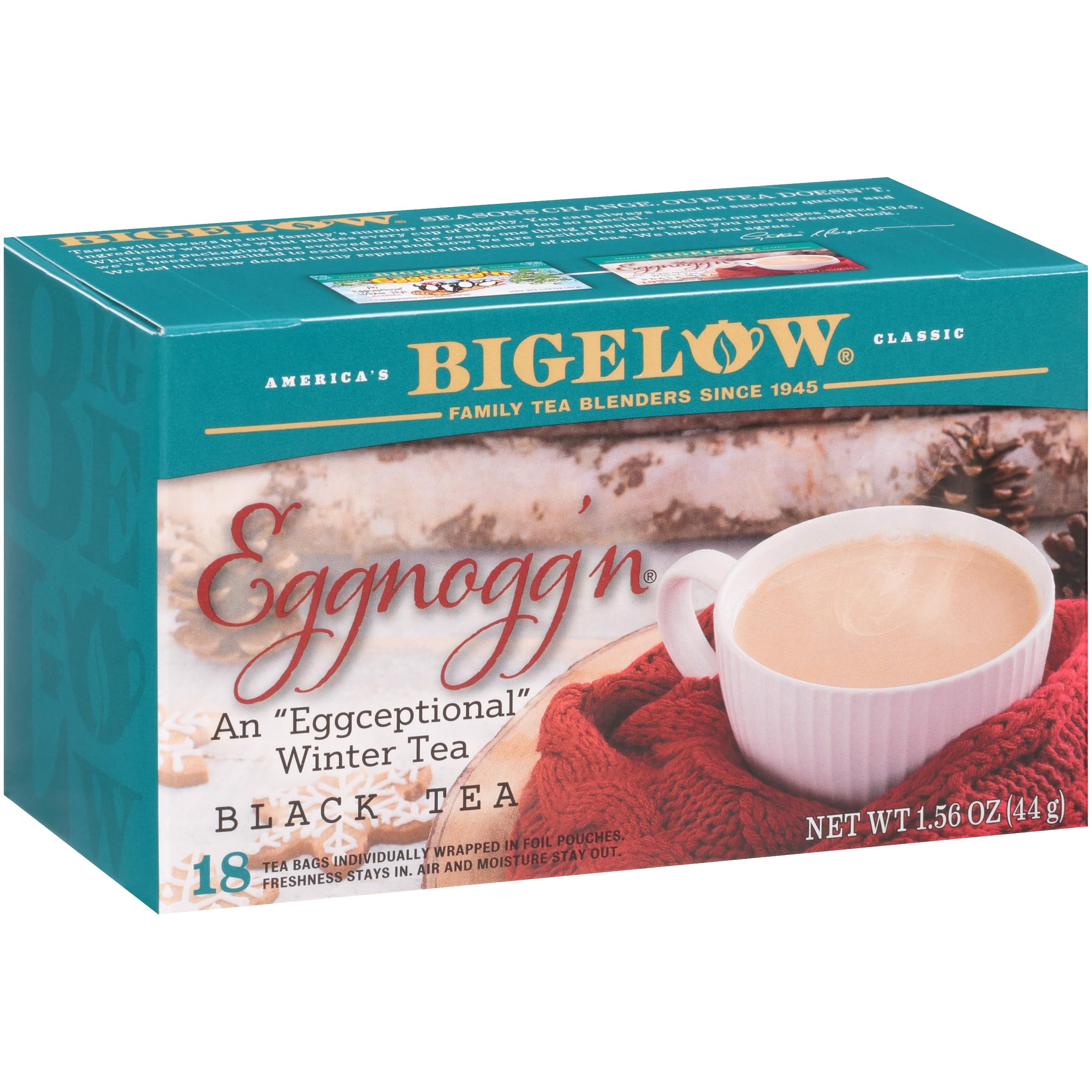 Bigelow Eggnogg'n Black Tea bags show festive aroma and a caffeine lift.