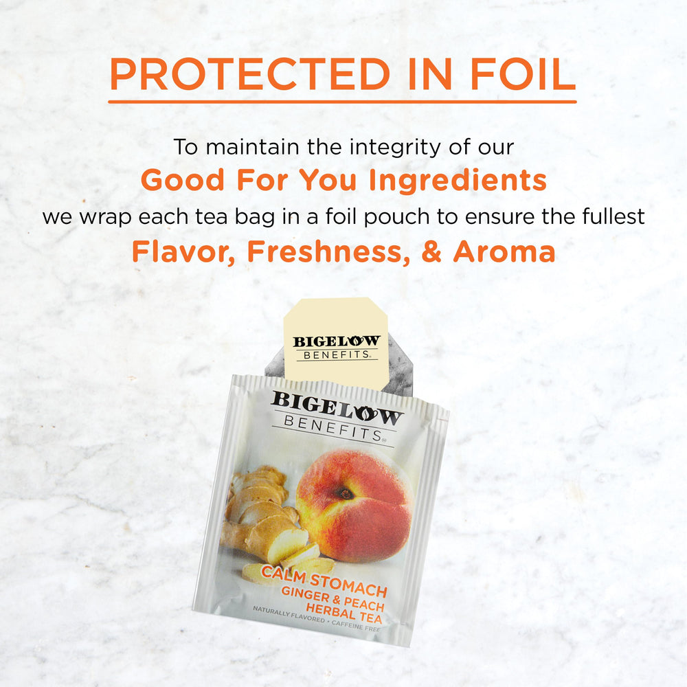 Bigelow tea bag inside a foil pouch preserves peak flavor and freshness